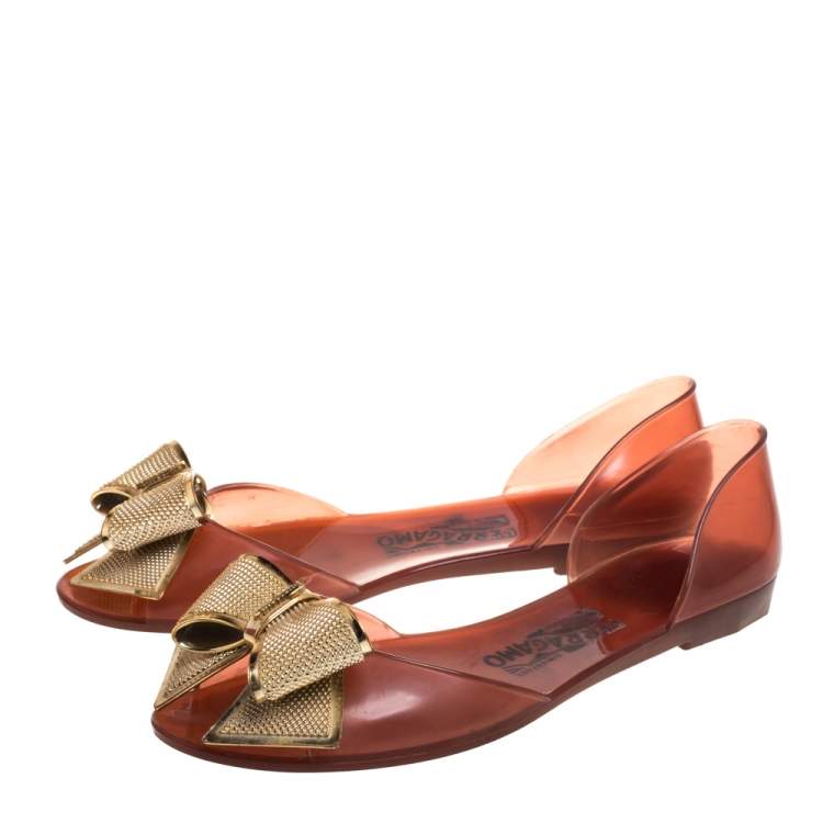 Pre Owned Salvatore Ferragamo Brown Barbados Bow Jelly Flats Size 38.5