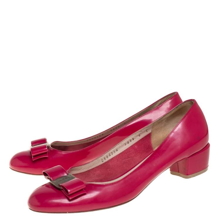 Pre Owned Salvatore Ferragamo Pink Leather Vara Bow Block Heel Pumps Size 38.5