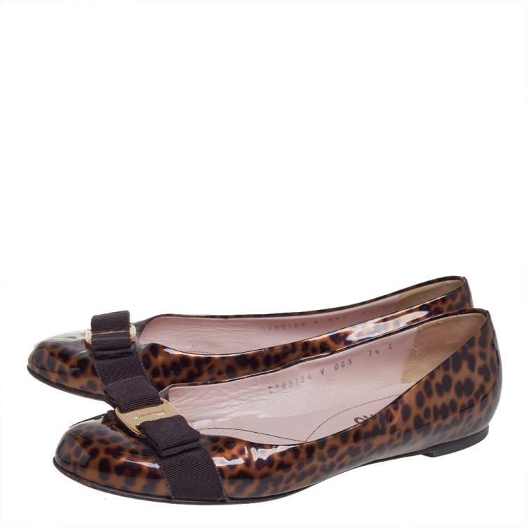 Pre Owned Salvatore Ferragamo Brown/Black Leopard Print Patent Leather Varina Ballet Flats Size 38