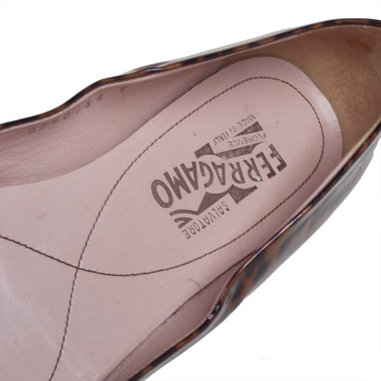 Pre Owned Salvatore Ferragamo Brown/Black Leopard Print Patent Leather Varina Ballet Flats Size 38