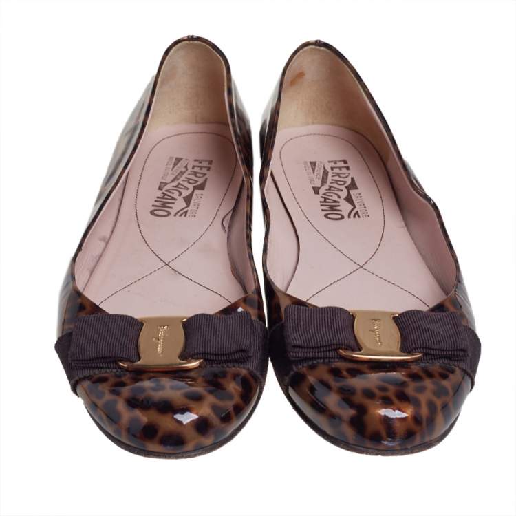 Pre Owned Salvatore Ferragamo Brown/Black Leopard Print Patent Leather Varina Ballet Flats Size 38