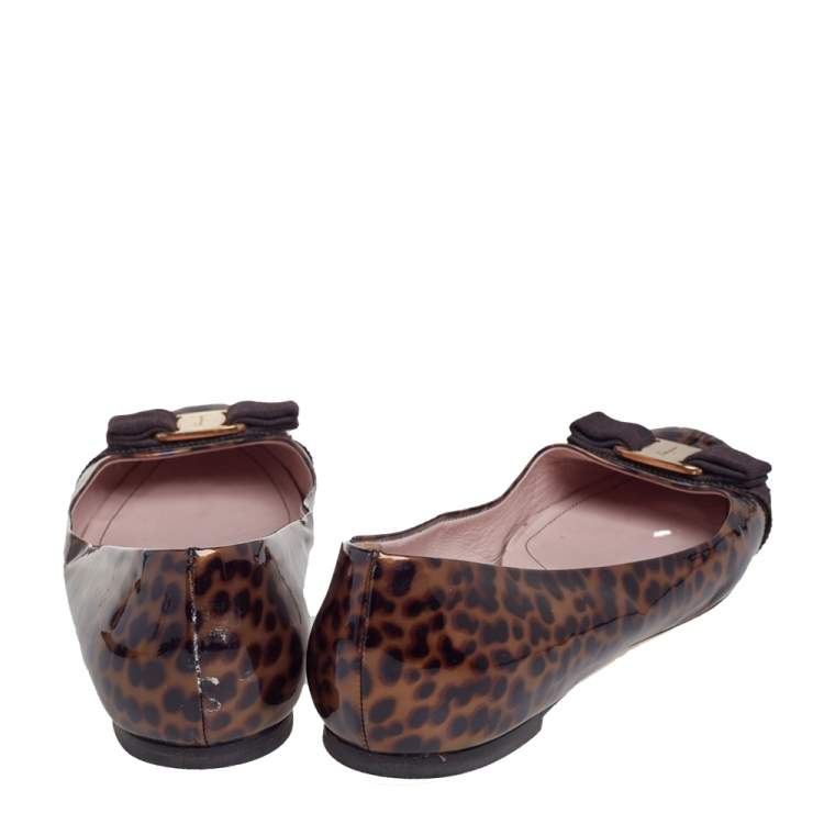 Pre Owned Salvatore Ferragamo Brown/Black Leopard Print Patent Leather Varina Ballet Flats Size 38