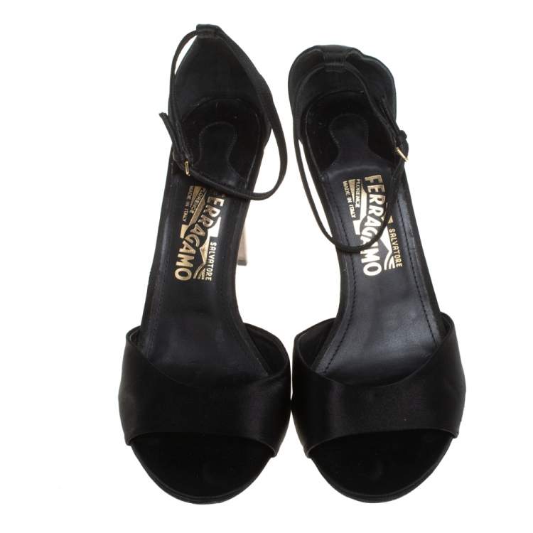 Pre Owned Salvatore Ferragamo Black Satin Embellished Heel Ankle Strap Sandals Size 40