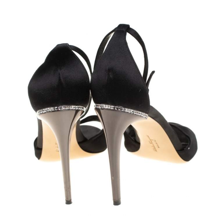Pre Owned Salvatore Ferragamo Black Satin Embellished Heel Ankle Strap Sandals Size 40