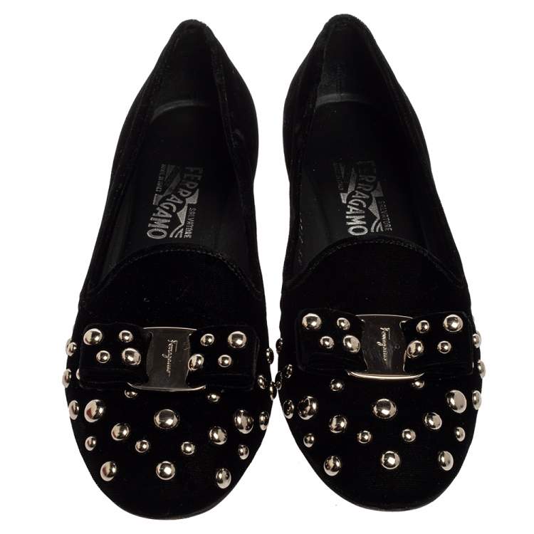 Pre Owned Salvatore Ferragamo Black Studded Velvet Scotty Roc Vara Bow Smoking Slippers Size 37