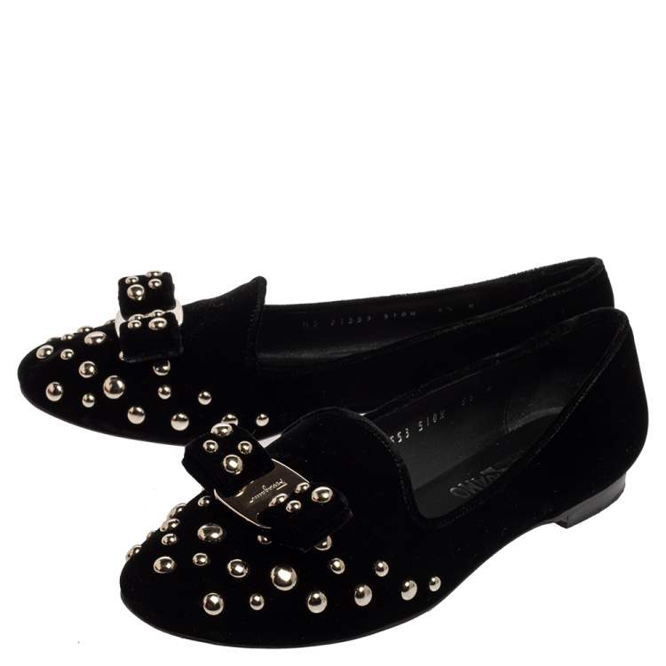 Pre Owned Salvatore Ferragamo Black Studded Velvet Scotty Roc Vara Bow Smoking Slippers Size 37