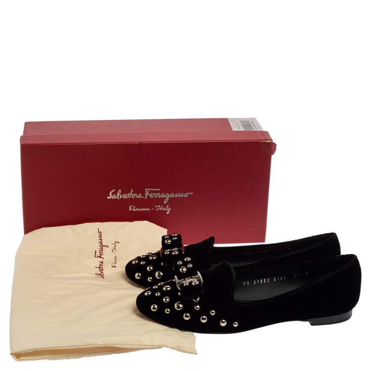 Pre Owned Salvatore Ferragamo Black Studded Velvet Scotty Roc Vara Bow Smoking Slippers Size 37