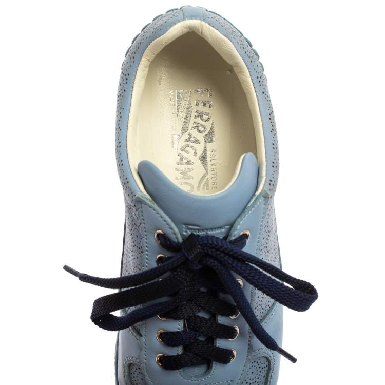 Pre Owned Salvatore Ferragamo Blue Perforated Leather Sneakers Size 36.5