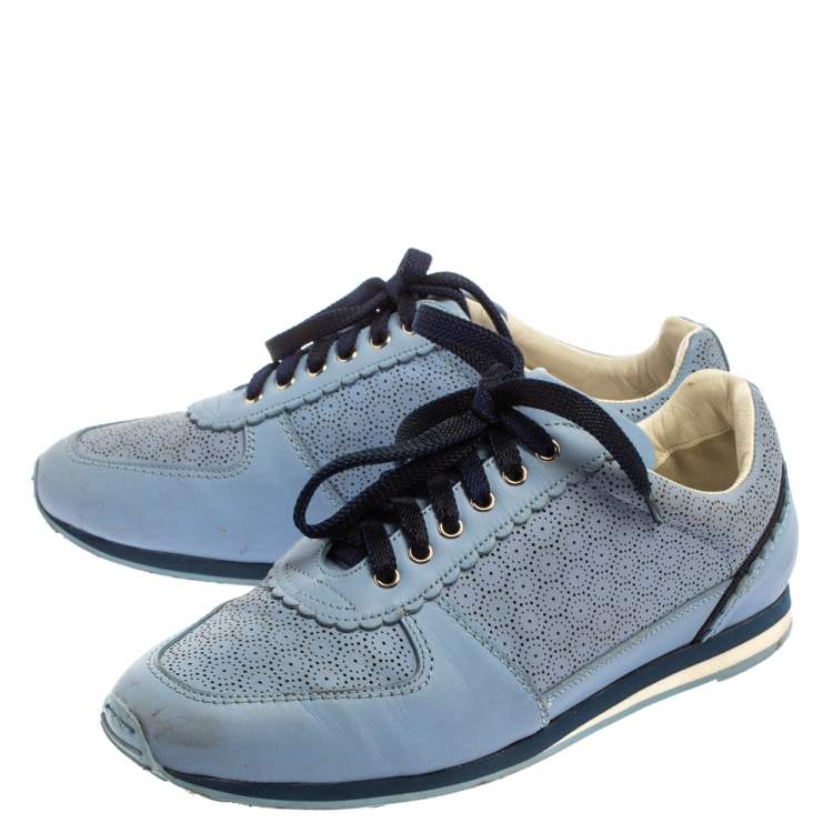 Pre Owned Salvatore Ferragamo Blue Perforated Leather Sneakers Size 36.5