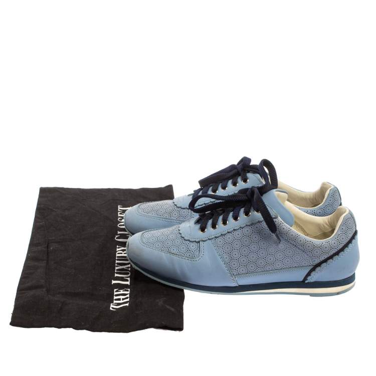 Pre Owned Salvatore Ferragamo Blue Perforated Leather Sneakers Size 36.5