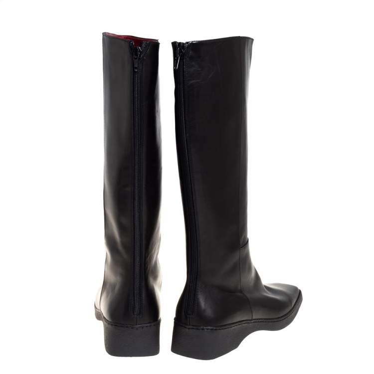مملوكة مسبقًا Salvatore Ferragamo Black Leather Square Toe Mid Calf Boots Size 40
