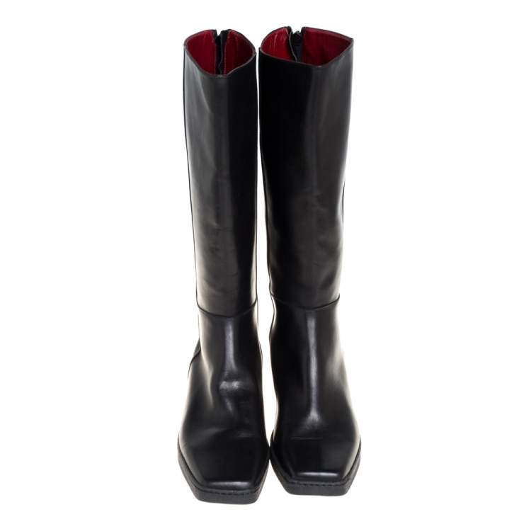 مملوكة مسبقًا Salvatore Ferragamo Black Leather Square Toe Mid Calf Boots Size 40