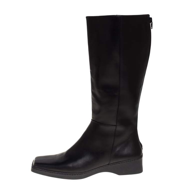 مملوكة مسبقًا Salvatore Ferragamo Black Leather Square Toe Mid Calf Boots Size 40