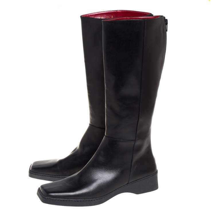 مملوكة مسبقًا Salvatore Ferragamo Black Leather Square Toe Mid Calf Boots Size 40