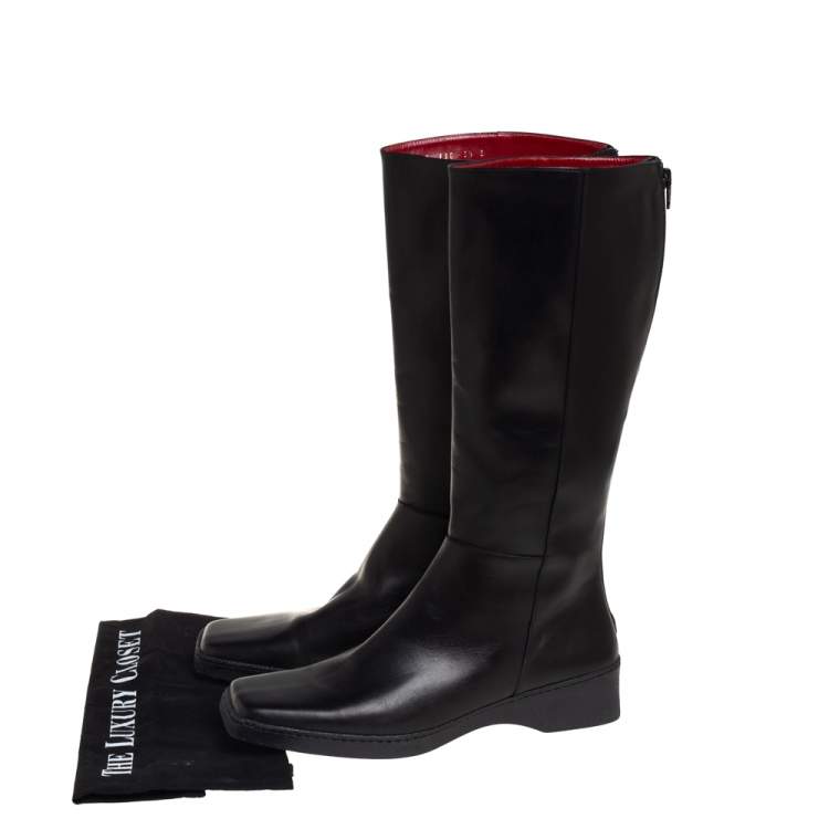 مملوكة مسبقًا Salvatore Ferragamo Black Leather Square Toe Mid Calf Boots Size 40