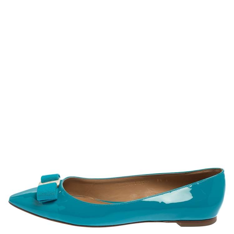 Pre Owned Salvatore Ferragamo Blue Patent Leather Vara Bow Flats Size 39