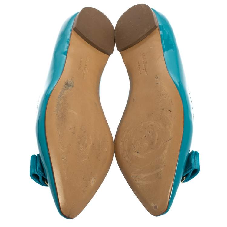 Pre Owned Salvatore Ferragamo Blue Patent Leather Vara Bow Flats Size 39