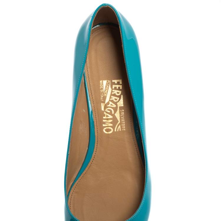 Pre Owned Salvatore Ferragamo Blue Patent Leather Vara Bow Flats Size 39