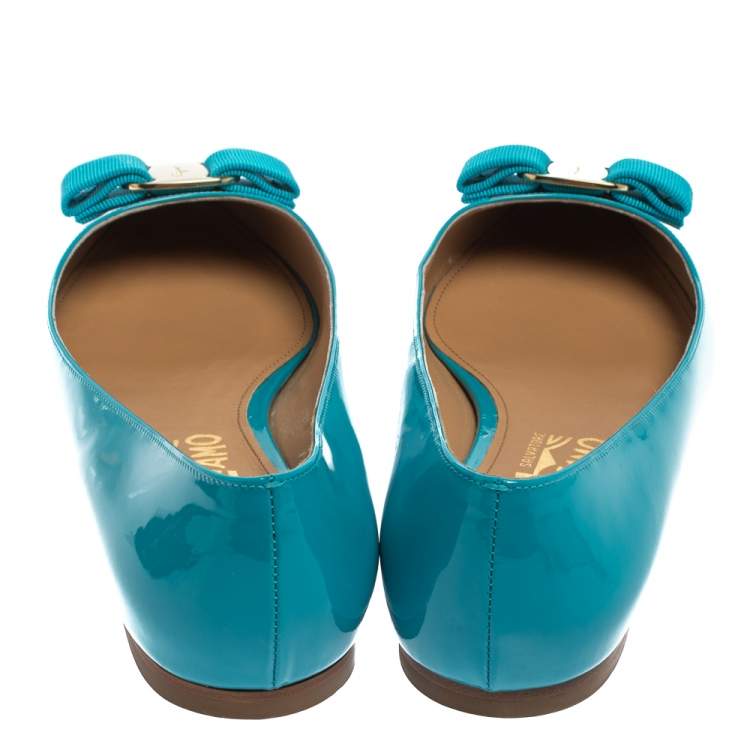 Pre Owned Salvatore Ferragamo Blue Patent Leather Vara Bow Flats Size 39