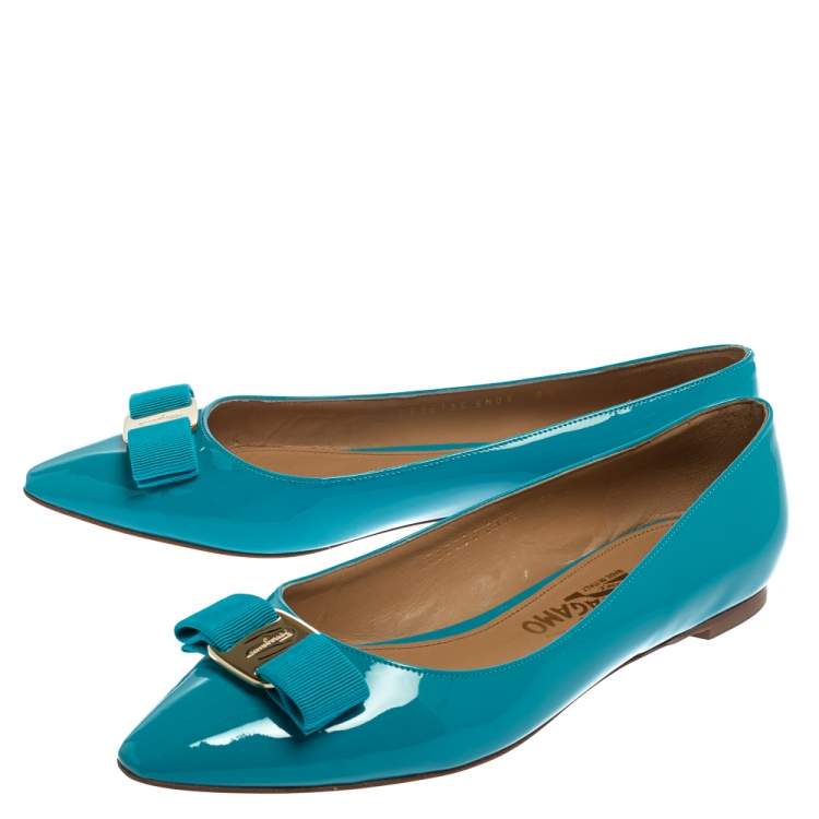 Pre Owned Salvatore Ferragamo Blue Patent Leather Vara Bow Flats Size 39