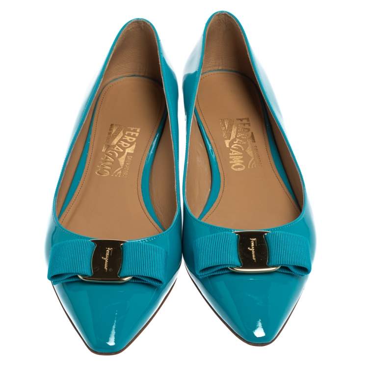 Pre Owned Salvatore Ferragamo Blue Patent Leather Vara Bow Flats Size 39