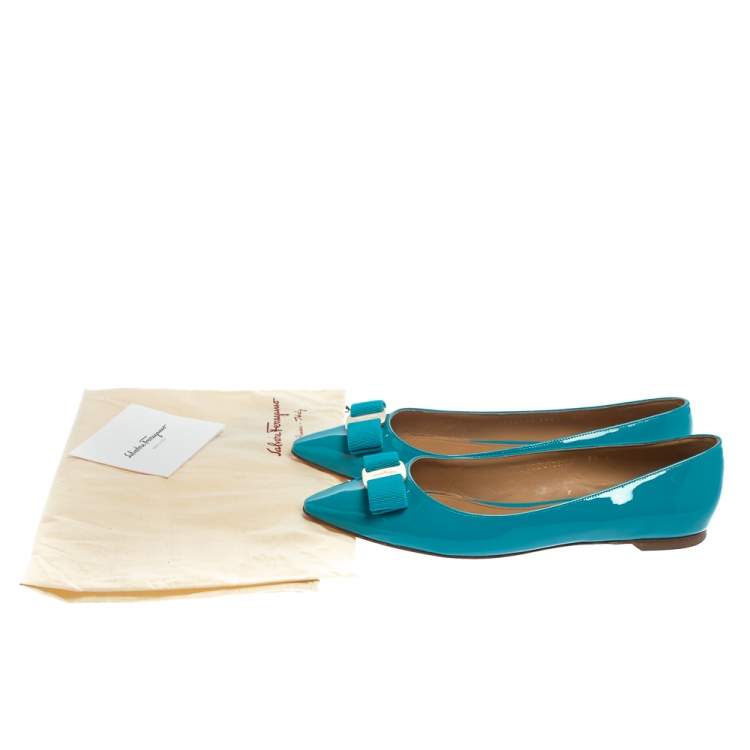 Pre Owned Salvatore Ferragamo Blue Patent Leather Vara Bow Flats Size 39