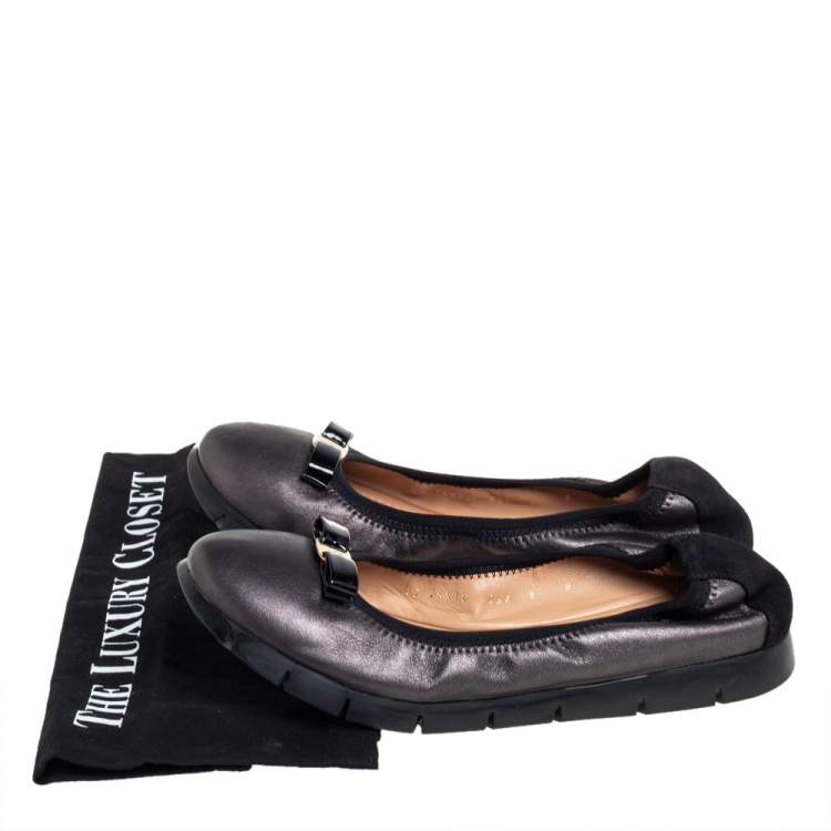 Pre Owned Salvatore Ferragamo Black Leather Bow Scrunch Ballet Flats Size 39.5