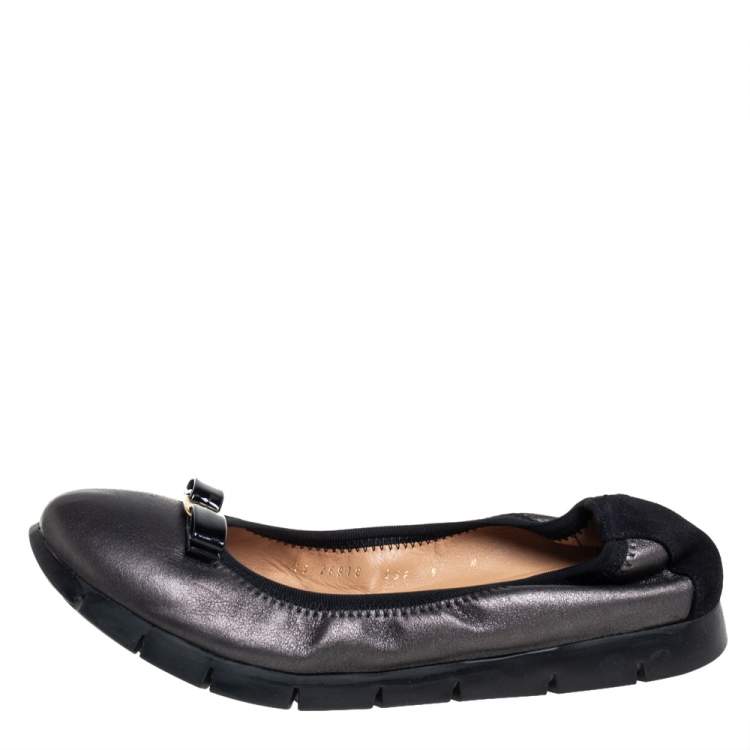 Pre Owned Salvatore Ferragamo Black Leather Bow Scrunch Ballet Flats Size 39.5