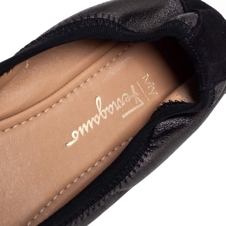 Pre Owned Salvatore Ferragamo Black Leather Bow Scrunch Ballet Flats Size 39.5