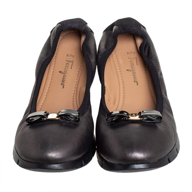 Pre Owned Salvatore Ferragamo Black Leather Bow Scrunch Ballet Flats Size 39.5