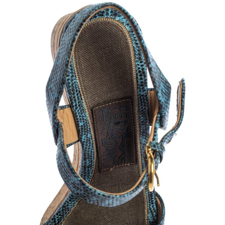 Pre Owned Salvatore Ferragamo Blue Lizard Embossed Leather Madea Cork Wedge Sandals Size 35.5