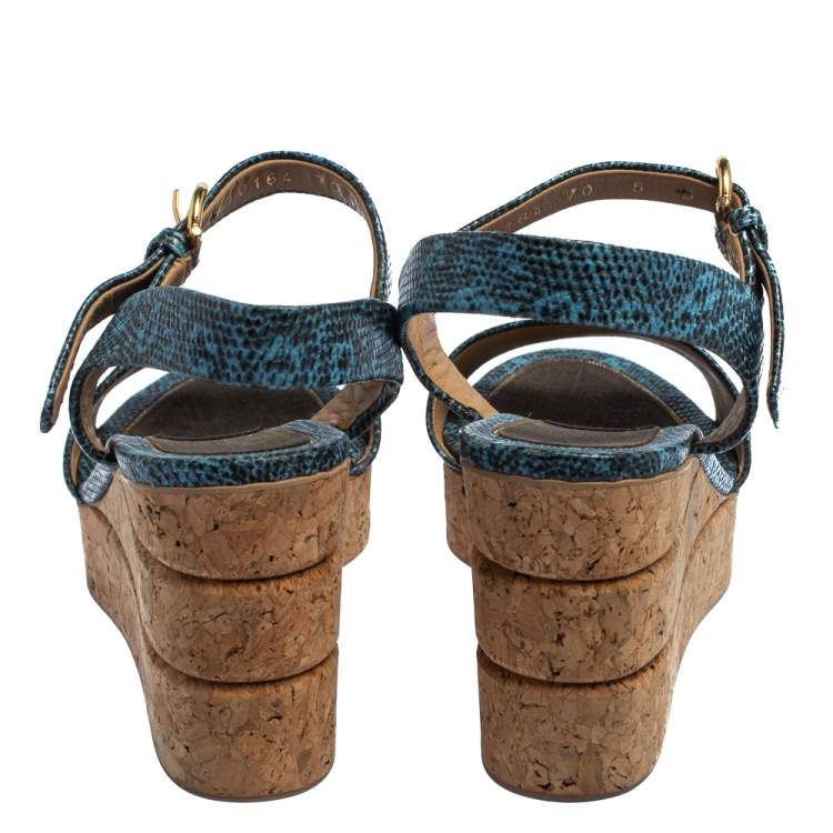 Pre Owned Salvatore Ferragamo Blue Lizard Embossed Leather Madea Cork Wedge Sandals Size 35.5