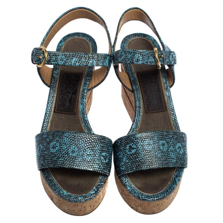 Pre Owned Salvatore Ferragamo Blue Lizard Embossed Leather Madea Cork Wedge Sandals Size 35.5