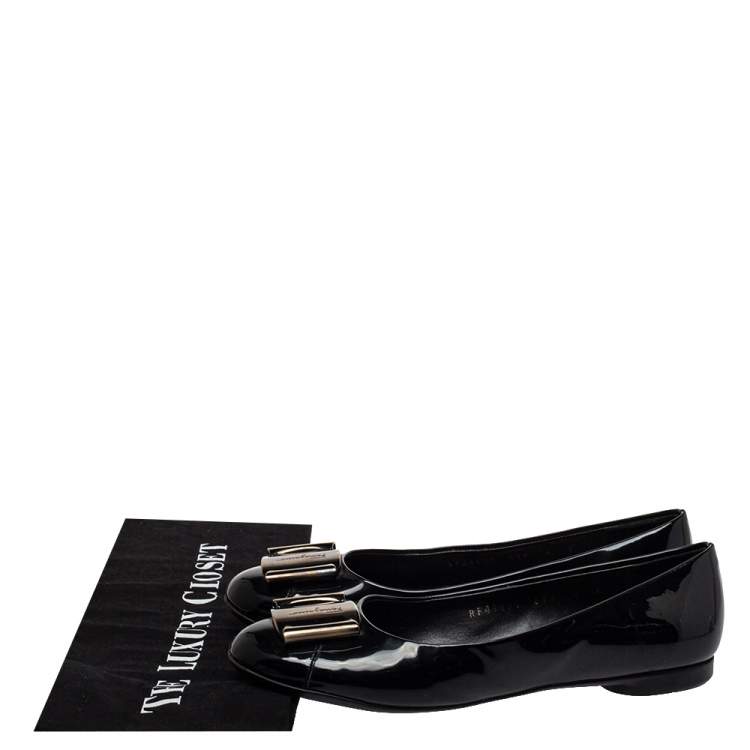 Pre Owned Salvatore Ferragamo Black Patent Leather Metal Buckle Ballet Flats Size 36.5