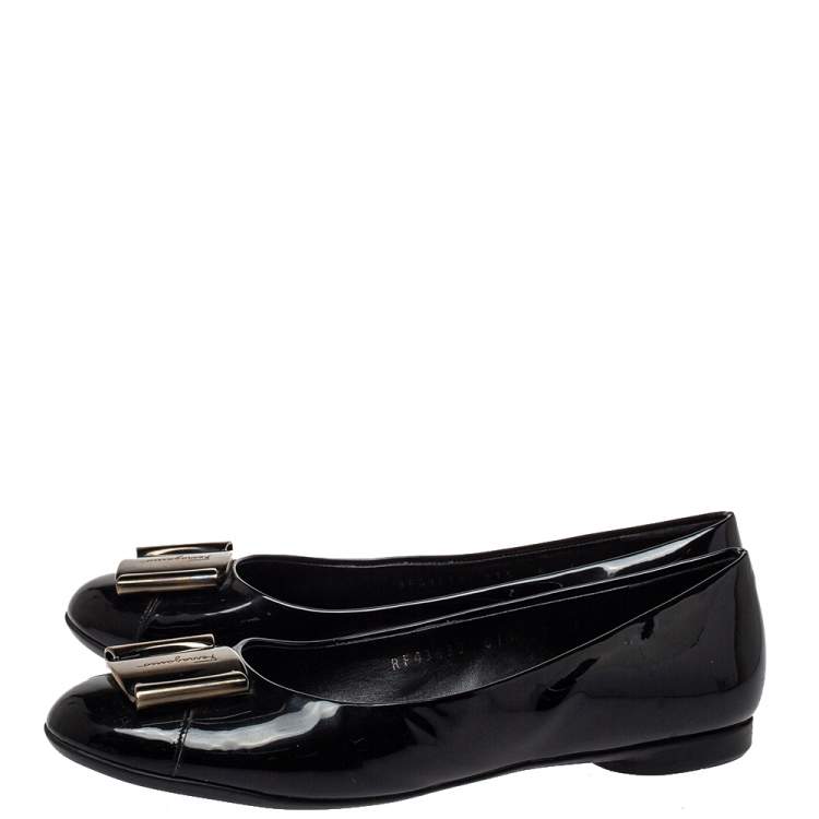 Pre Owned Salvatore Ferragamo Black Patent Leather Metal Buckle Ballet Flats Size 36.5