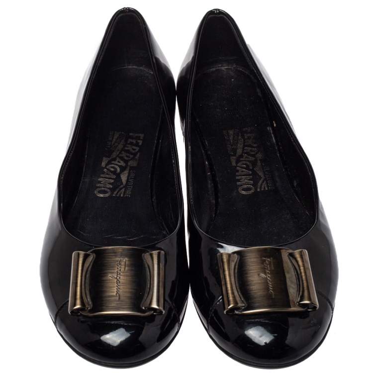 Pre Owned Salvatore Ferragamo Black Patent Leather Metal Buckle Ballet Flats Size 36.5