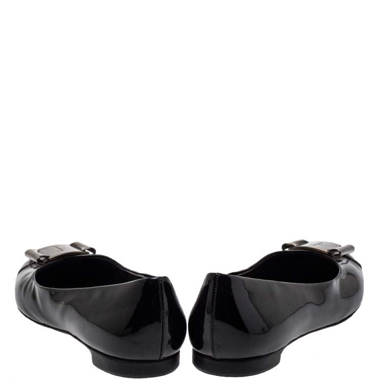 Pre Owned Salvatore Ferragamo Black Patent Leather Metal Buckle Ballet Flats Size 36.5