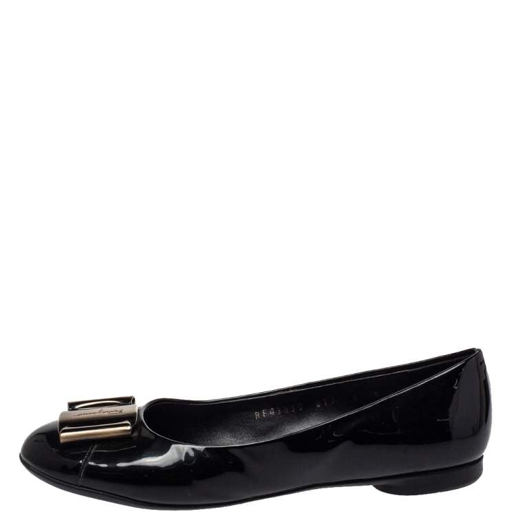 Pre Owned Salvatore Ferragamo Black Patent Leather Metal Buckle Ballet Flats Size 36.5