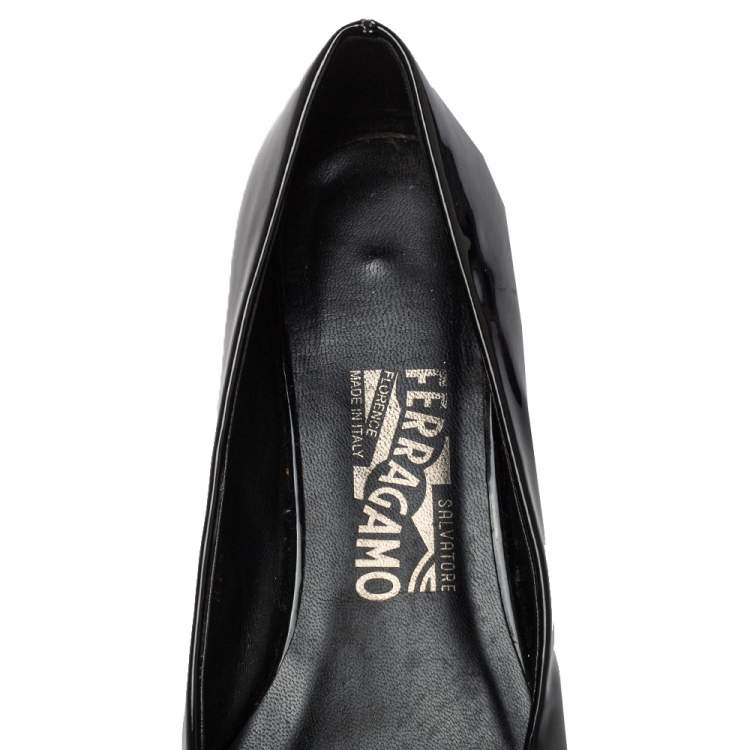 Pre Owned Salvatore Ferragamo Black Patent Leather Metal Buckle Ballet Flats Size 36.5