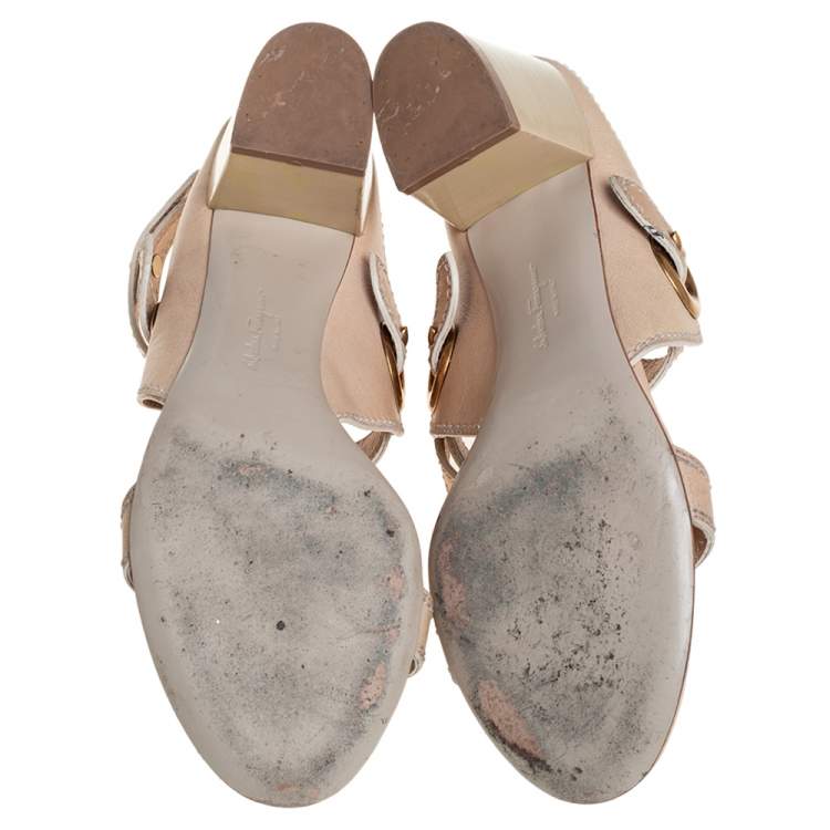 Pre Owned Salvatore Ferragamo Beige Leather Block Heel Ankle Strap Sandals Size 37.5