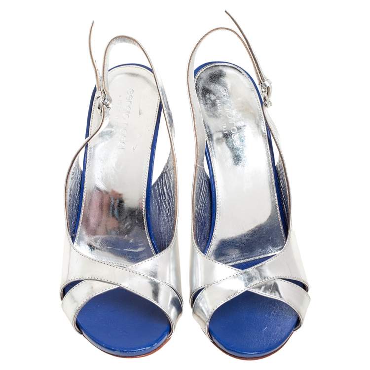 Pre Owned Sergio Rossi Blue/Silver Leather Criss Cross Wedge Sandals Size 38.5