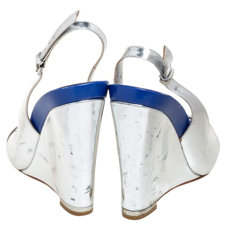 Pre Owned Sergio Rossi Blue/Silver Leather Criss Cross Wedge Sandals Size 38.5