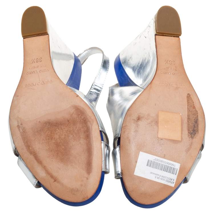 Pre Owned Sergio Rossi Blue/Silver Leather Criss Cross Wedge Sandals Size 38.5