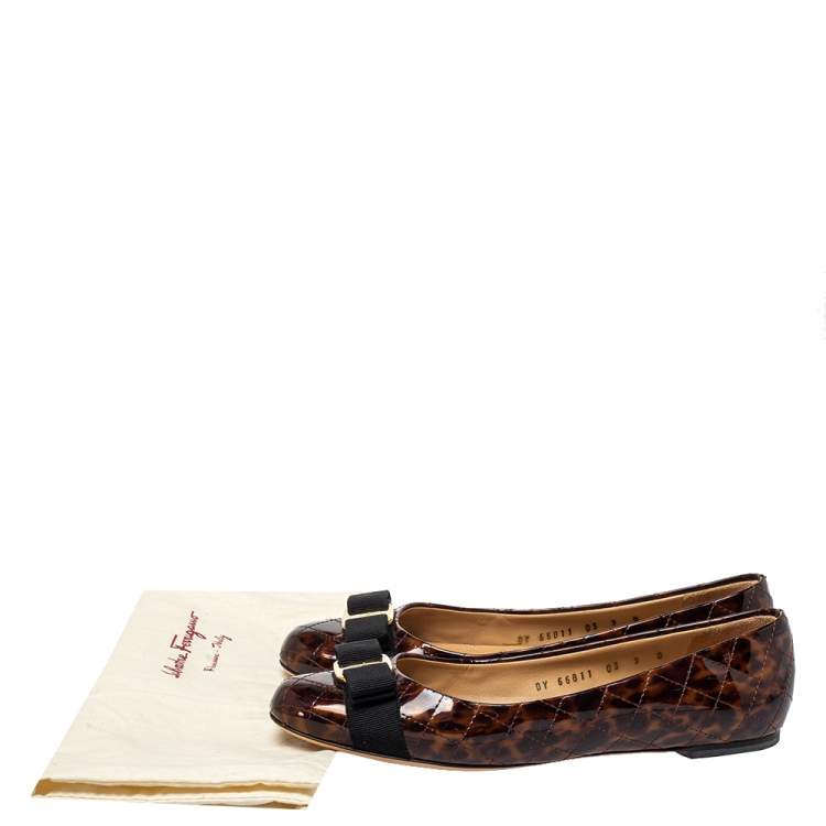 Pre Owned Salvatore Ferragamo Brown Tortoiseshell Print Patent Leather Varina Ballet Flats Size 39.5