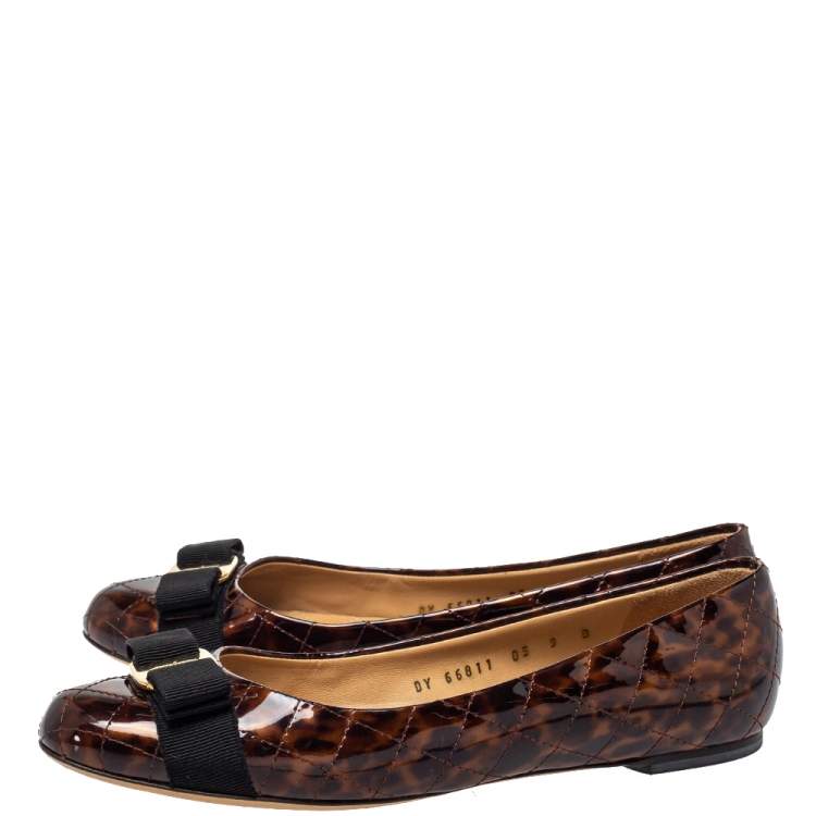 Pre Owned Salvatore Ferragamo Brown Tortoiseshell Print Patent Leather Varina Ballet Flats Size 39.5