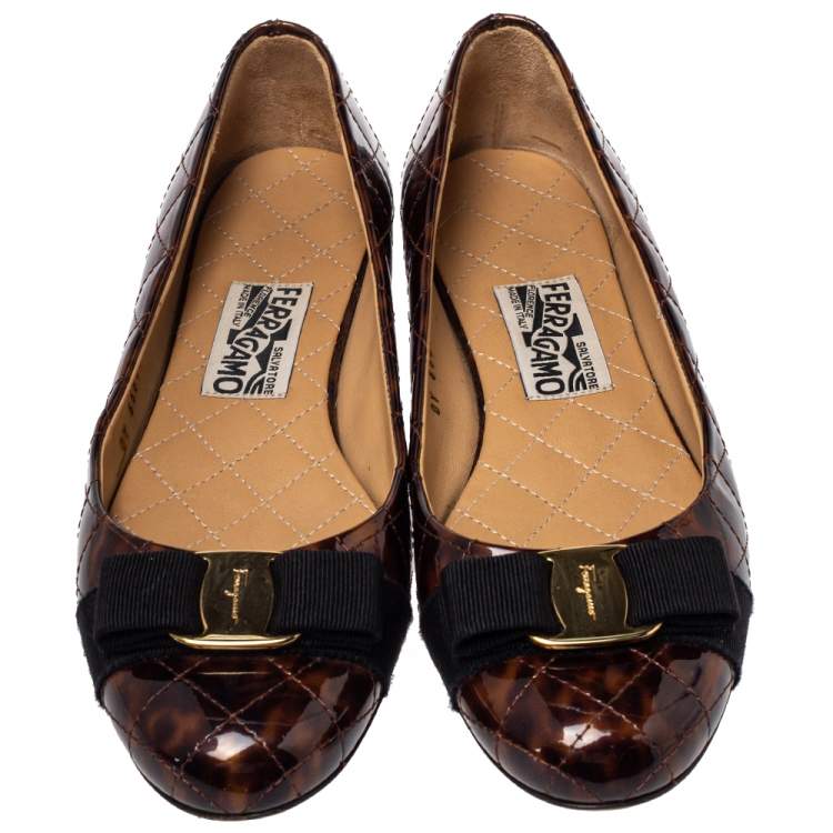 Pre Owned Salvatore Ferragamo Brown Tortoiseshell Print Patent Leather Varina Ballet Flats Size 39.5