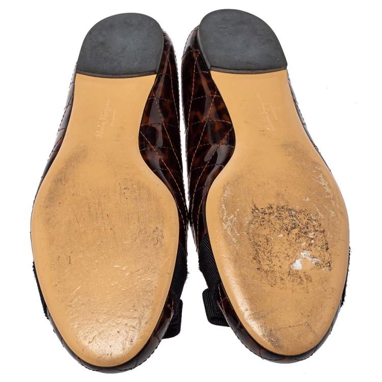 Pre Owned Salvatore Ferragamo Brown Tortoiseshell Print Patent Leather Varina Ballet Flats Size 39.5