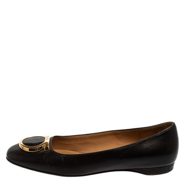 Pre Owned Salvatore Ferragamo Black Leather Ena Gancini Flats Size 36.5