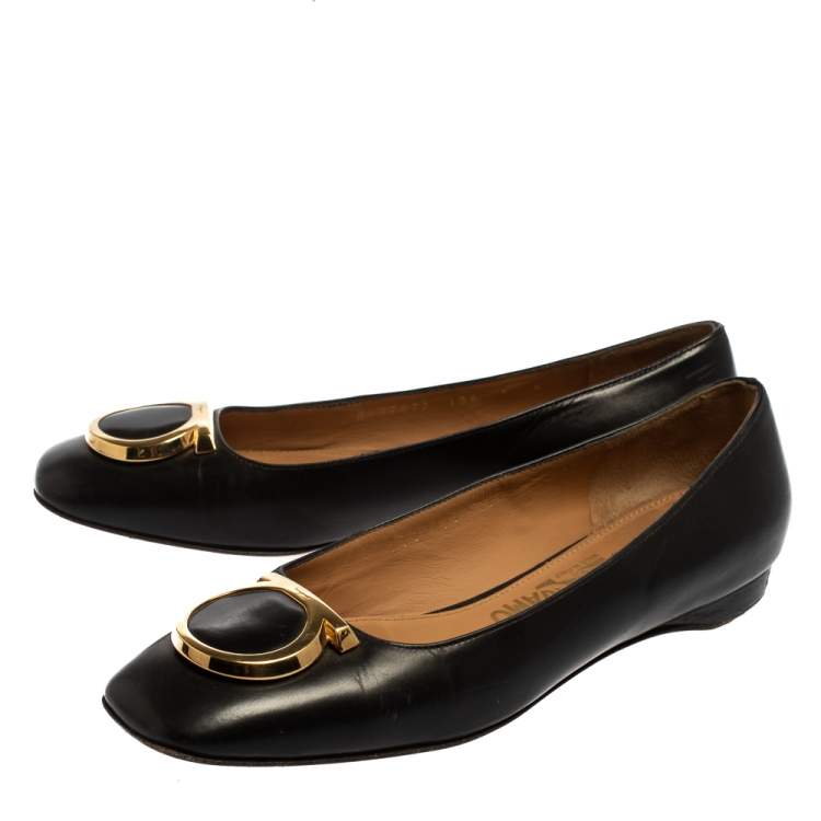 Pre Owned Salvatore Ferragamo Black Leather Ena Gancini Flats Size 36.5