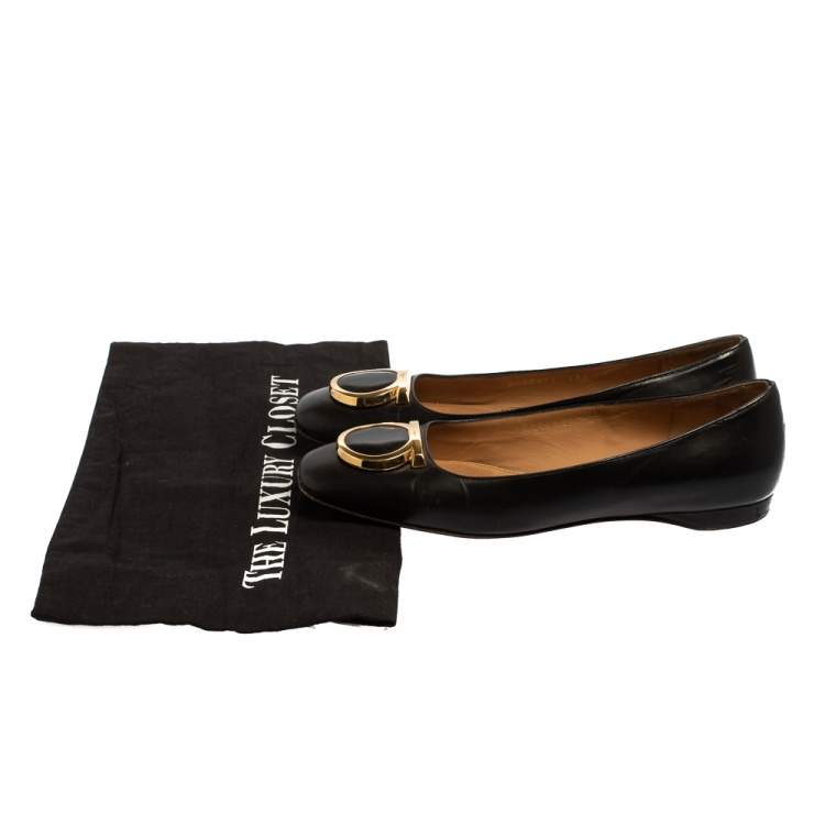 Pre Owned Salvatore Ferragamo Black Leather Ena Gancini Flats Size 36.5